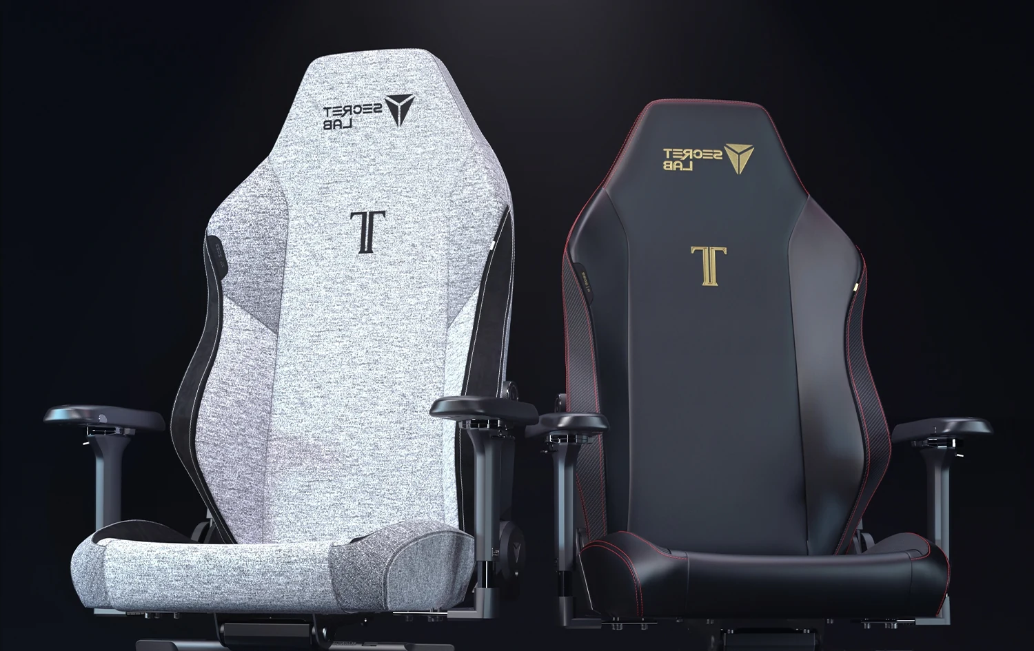 Two Secretlab TITAN Evo chairs side by side, one grey fabric and one black leatherette (mirrored, cropped)