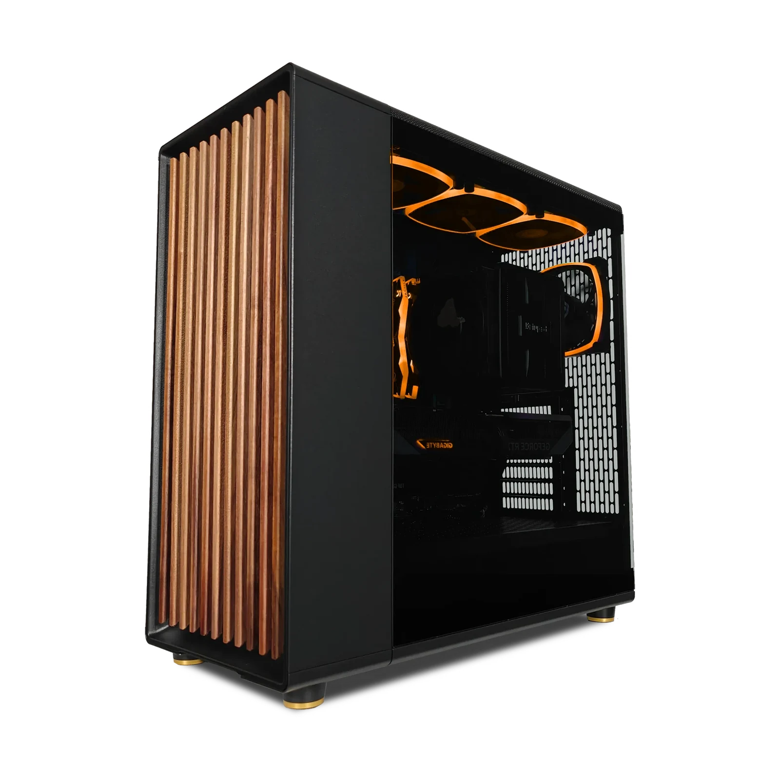 Real photo of a built gaming PC in a Fractal Design North XL Pro case with wood front panel and visible RTX GPU with orange RGB lighting (mirrored)