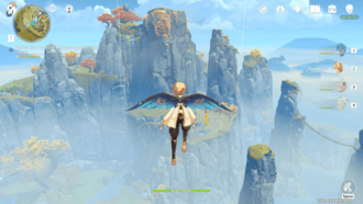 Genshin Impact gameplay screenshot showing a character gliding over an open-world landscape